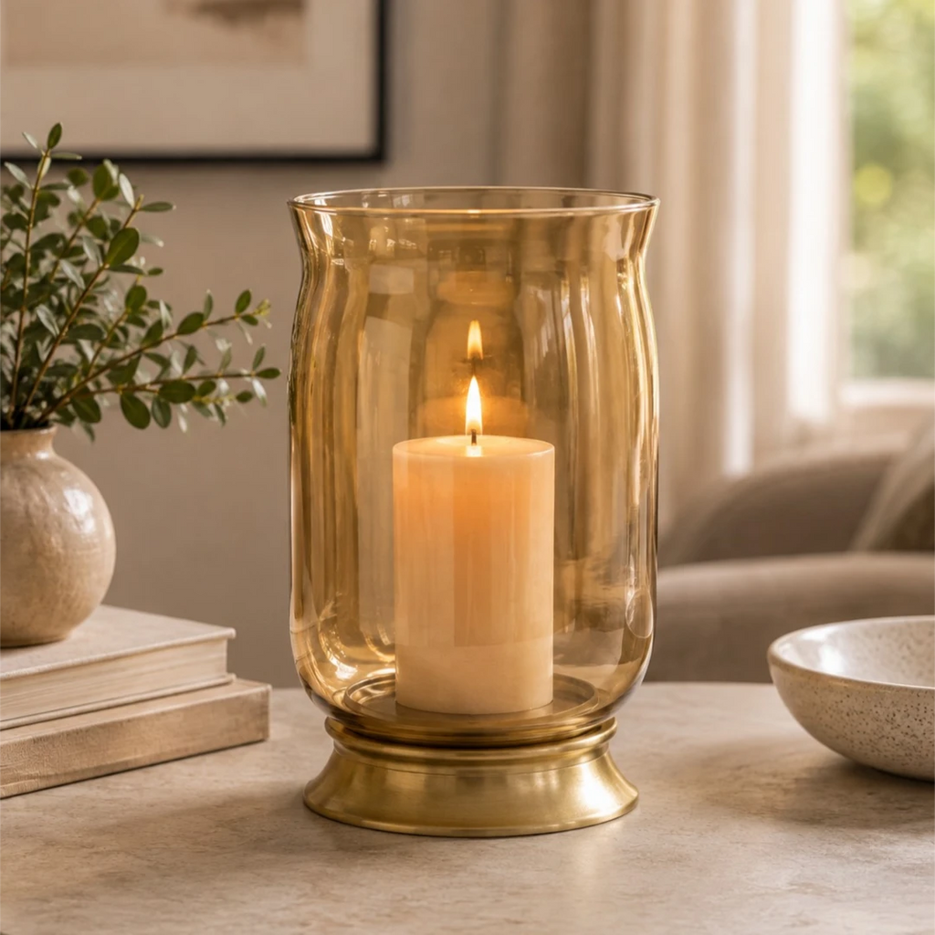 Zevrix Glass Hurricane Candle Holder with Gold Metal Base