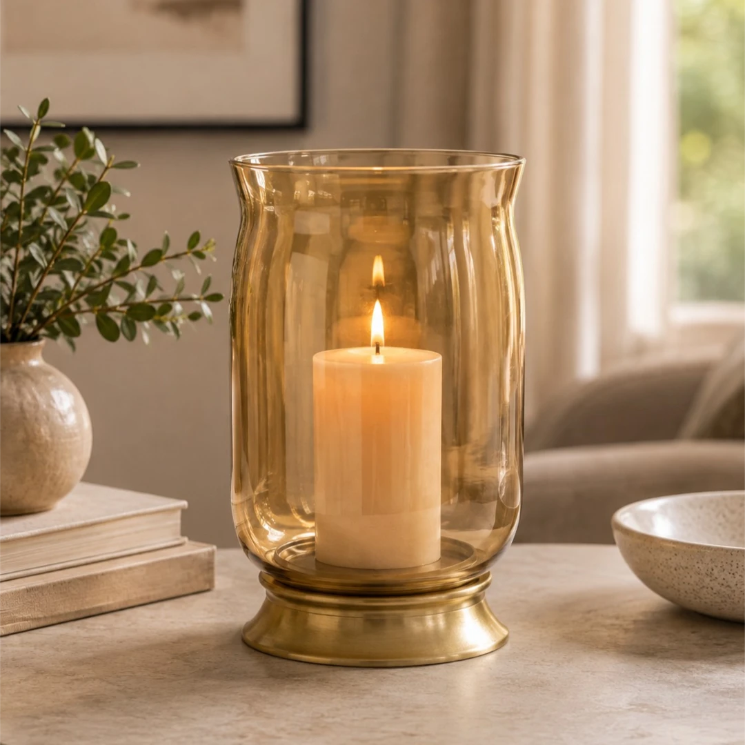 Zevrix Glass Hurricane Candle Holder with Gold Metal Base
