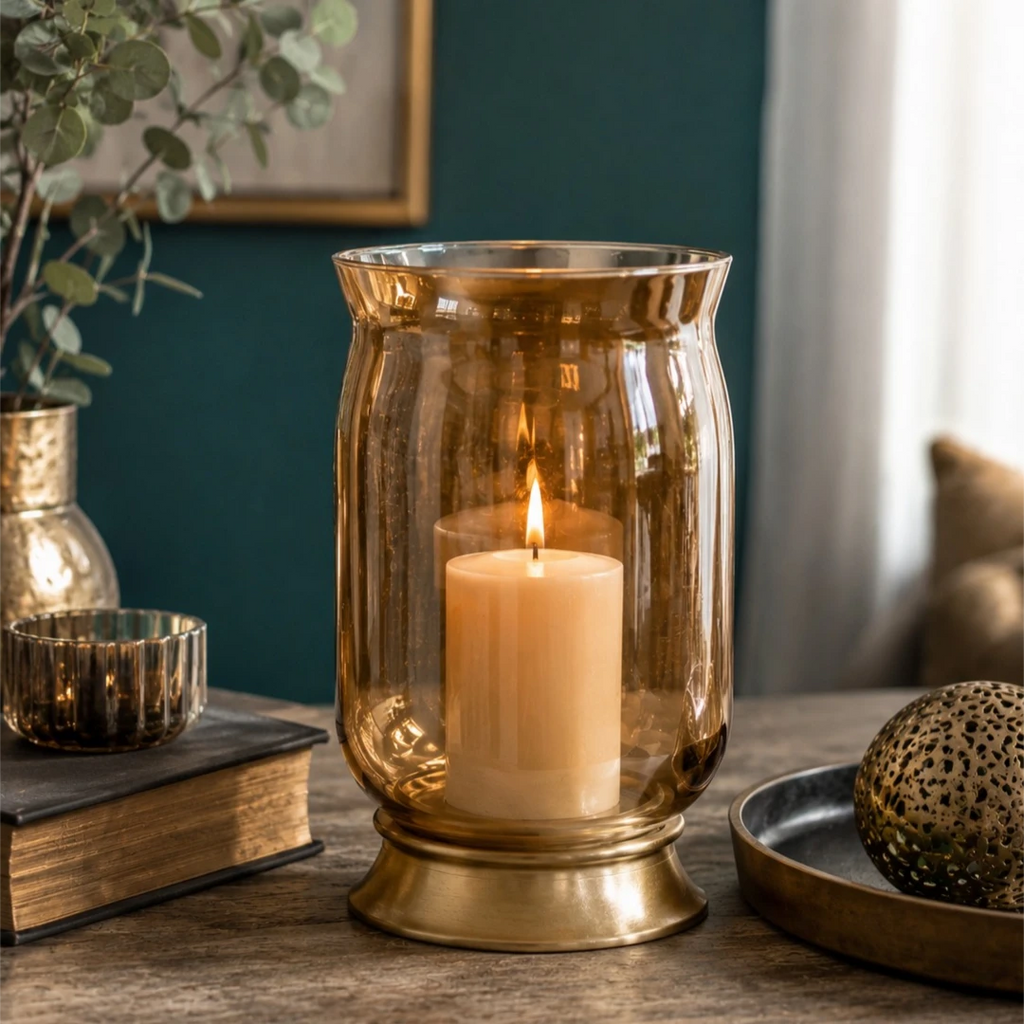 Zevrix Glass Hurricane Candle Holder with Gold Metal Base