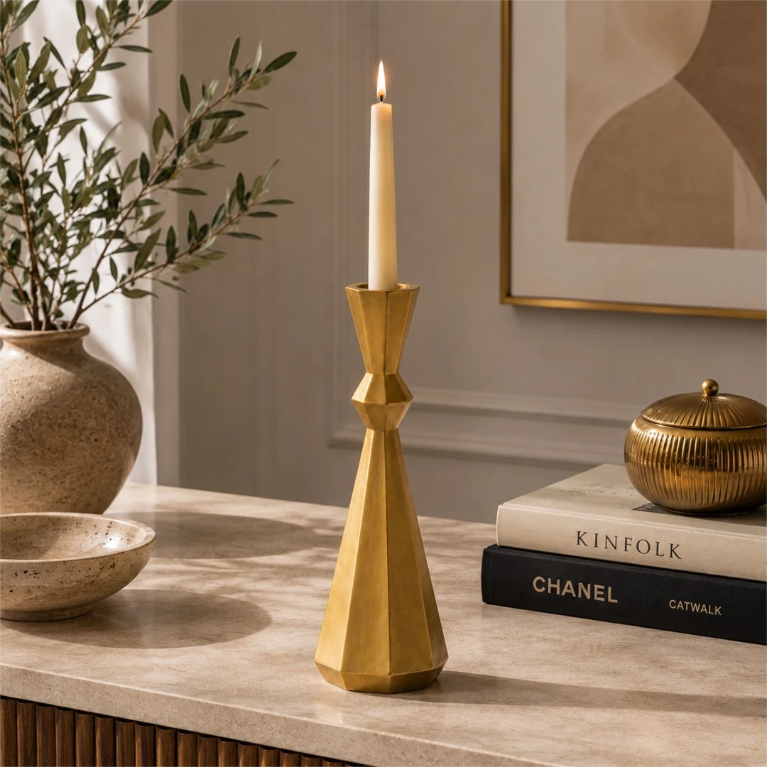 Zevrix Modern Brass Taper Candle Holder with Geometric Design