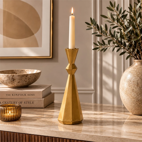 Zevrix Modern Brass Taper Candle Holder with Geometric Design