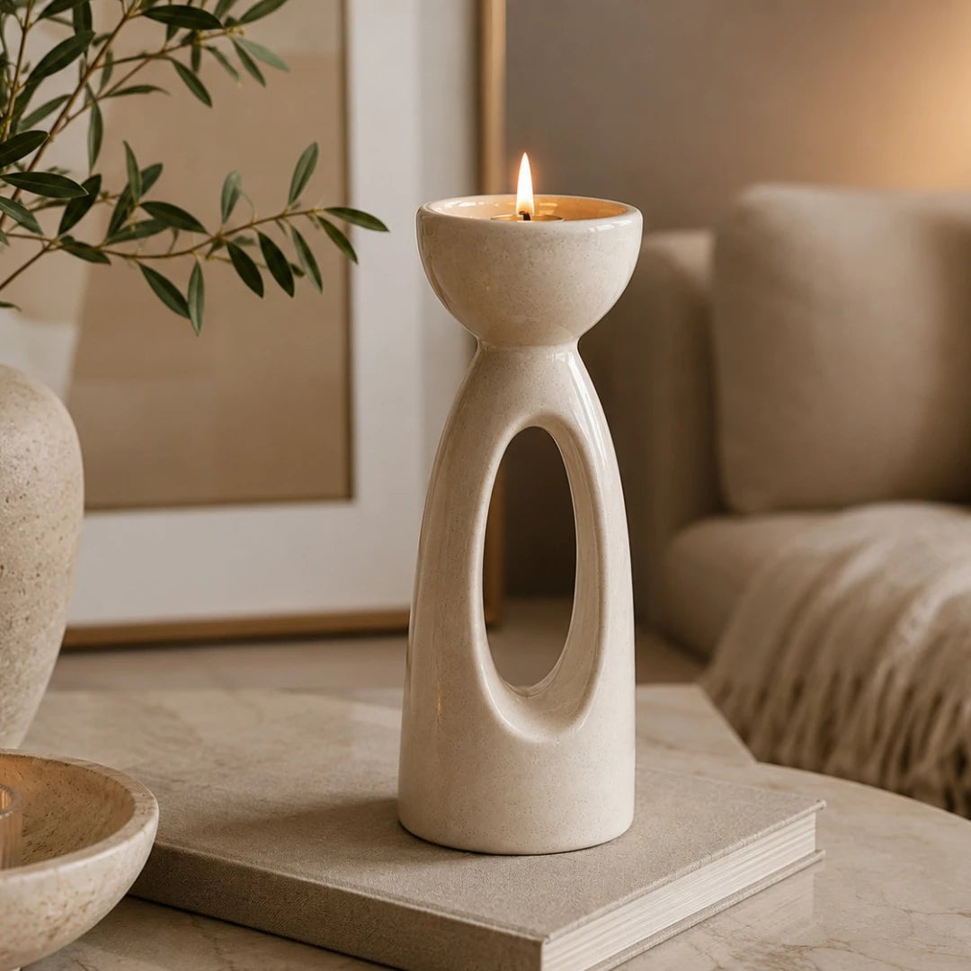 Zevrix Modern Ceramic Taper Candle Holder in Ivory Finish