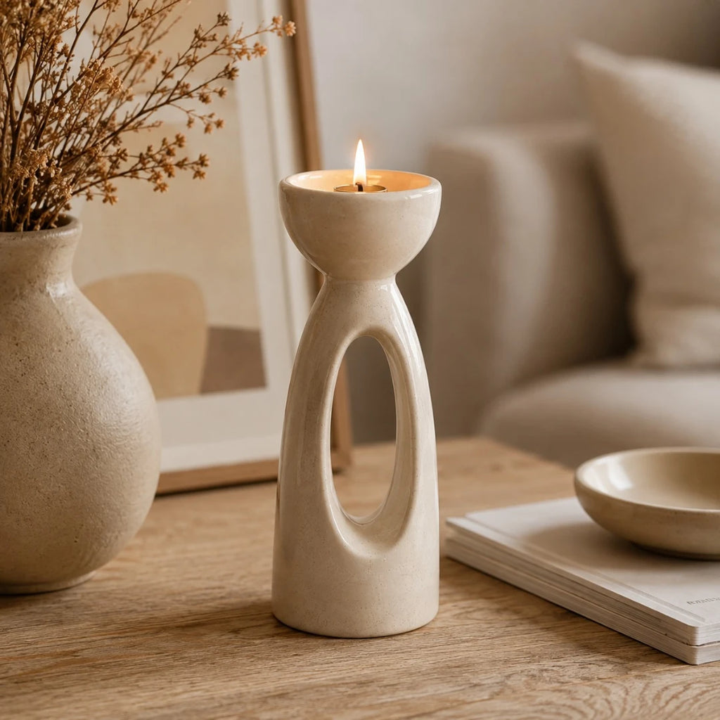 Zevrix Modern Ceramic Taper Candle Holder in Ivory Finish