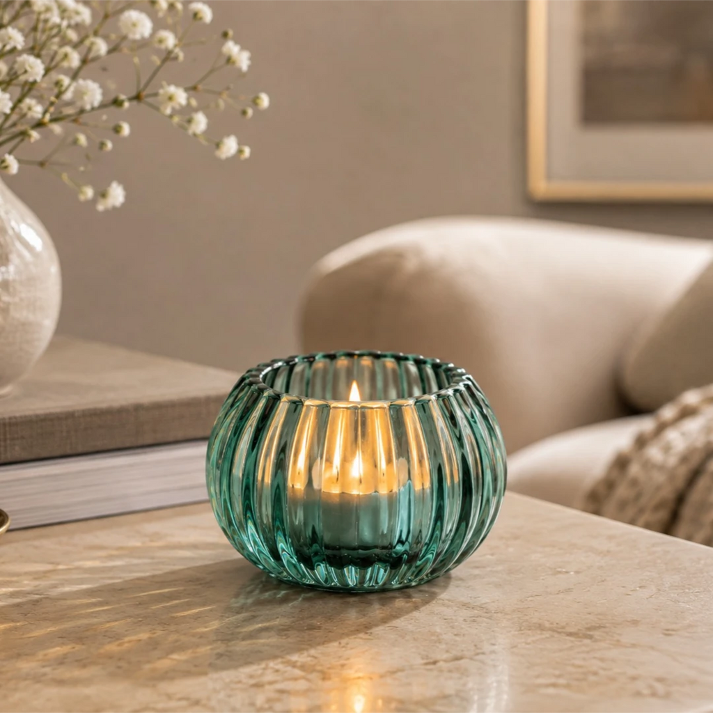 Zevrix Ribbed Glass Tealight Candle Holder in Aqua Green