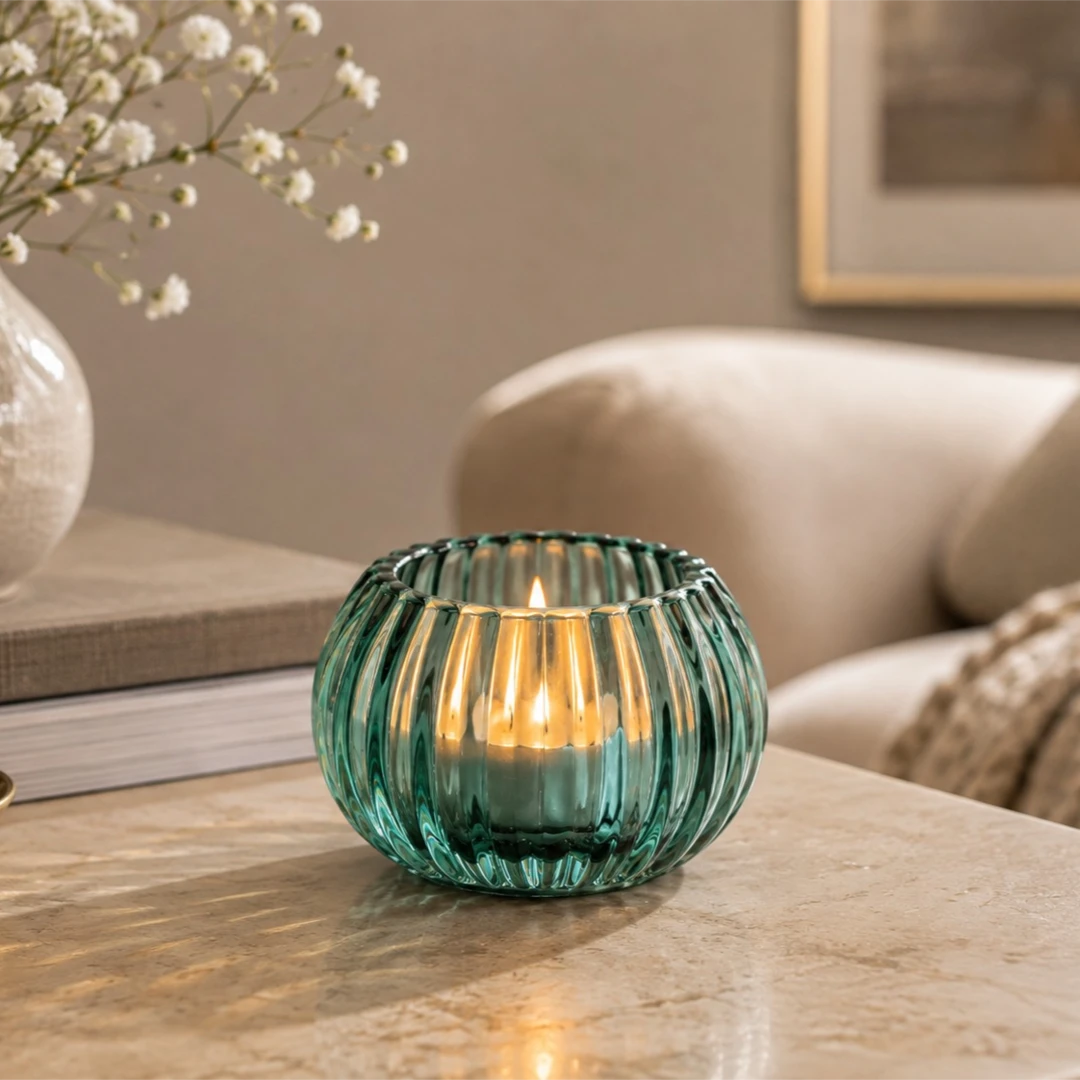 Zevrix Ribbed Glass Tealight Candle Holder in Aqua Green