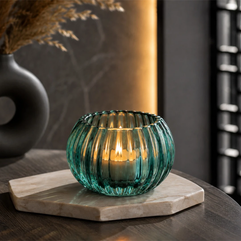Zevrix Ribbed Glass Tealight Candle Holder in Aqua Green