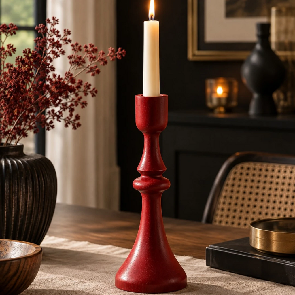 Zevrix Solid Wood Taper Candle Holder – Crimson Red